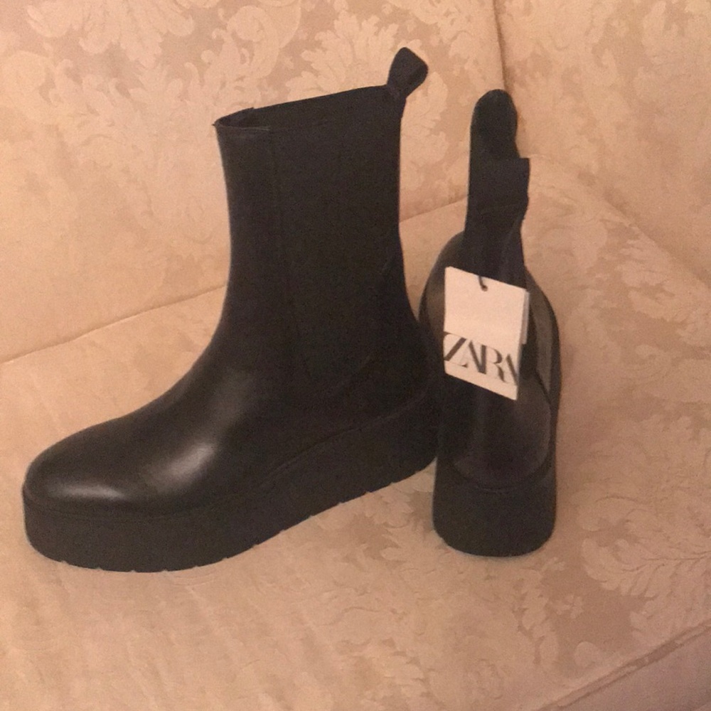Zara Black Leather Ankle Boots with Lug Soles